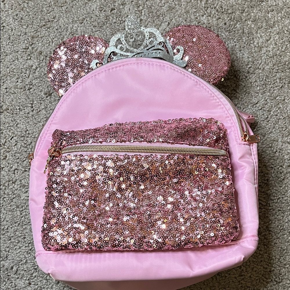 Disney Bibbidi Bobbidi Boutique Pink Sequin Backpack Minnie Mouse Ears NWT